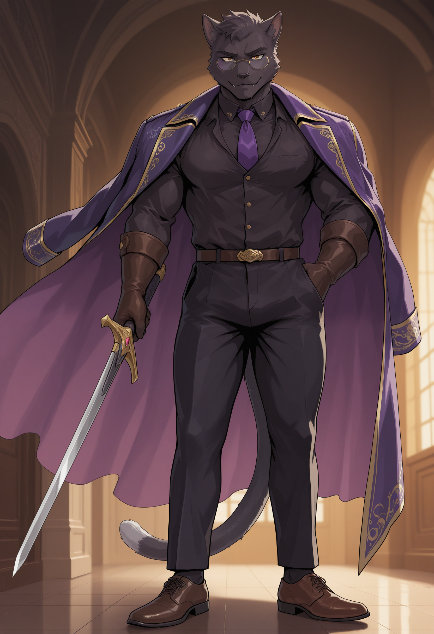 masterpiece,best quality, amazing quality, 1boy, solo, s3nr1, cat boy, black fur, purple glasses, tail, colored sclera, brown gloves, black buttoned shirt, purple cape, black pants, brown shoes, weapon, purple tie, purple undershirt,