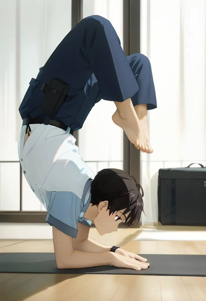 score_9, score_8_up, score_7_up, zPDXL2,
,
kazuhiko nukumizu, black hair, brown eyes, male Japanese Summer Police Uniform,light-blue collared shirt, rank slides,hip holster
gym
vrischikasana pose