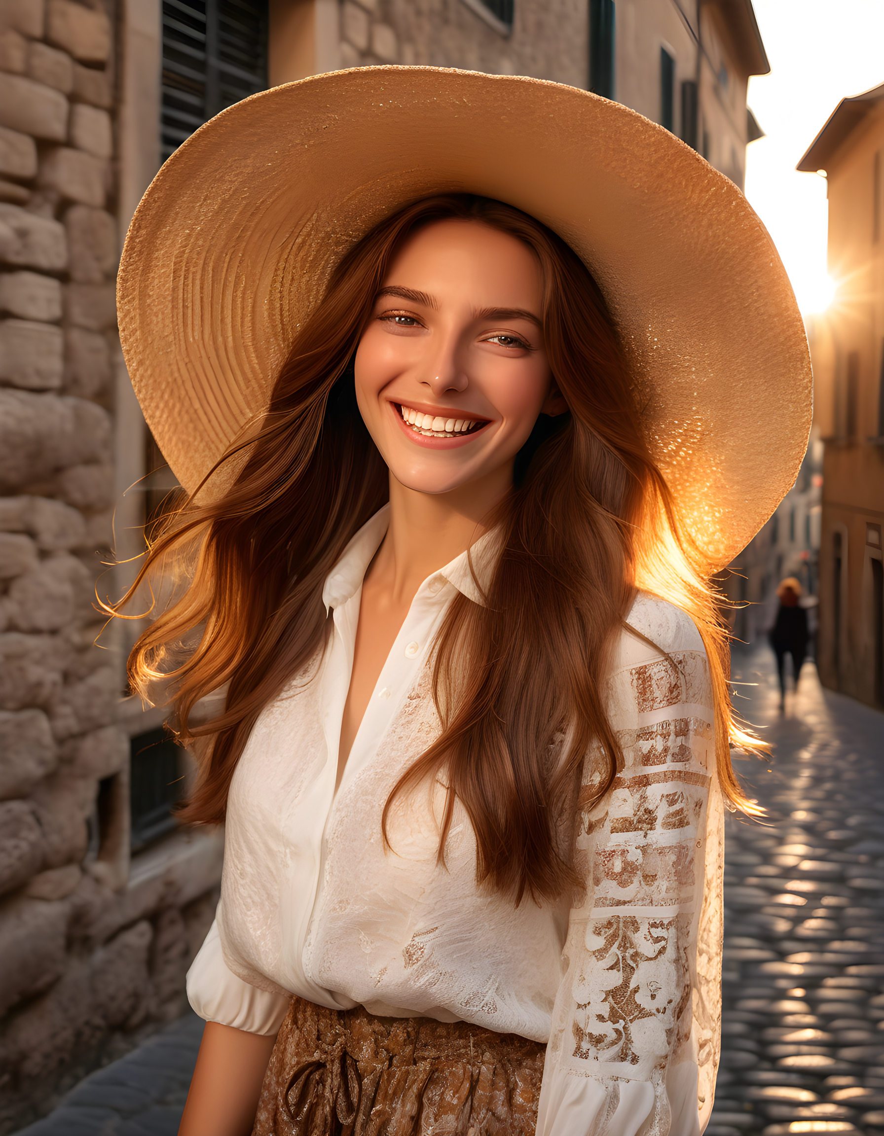 In a vibrant, sunlit Italian piazza during the golden hour, a radiant woman named N4NCYJMM, with long, cascading chestnut hair and striking closed-mouth smile, poses elegantly against a rustic stone wall. She wears a stylish white blouse adorned with delicate floral patterns, her eyes sparkling with joy and a hint of mystery beneath the brim of her oversized sun hat. The warm, amber light dances around her, casting captivating shadows on the cobblestone streets and ancient architecture in the background, creating an enchanting tableau that captures the essence of timeless Italian charm.