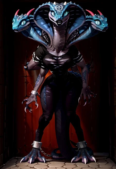 score_9, score_8_up, score_7_up, source_furry, source_monster, zPDXL3, ((teratophilia)), rrevolight, gtscramped, narse, detailed background, prison, solo, no_humans, large female, ((biped feral, feral, busty feral):1.5), ((monster, scalie, raptor, cobra, snake, bird, dragon, Lizard, demon):2.0), ((black skin, blue scale, skin markings, tattoo):2.0), ((snake face)), ((small head):2.0), (((3 heads):2.0)), ((4 arms):1.5), ((extra arms, two rows of arms)), ((digitigrade):2.0), bird legs, ((hand feet, long toes):2.0), ((tall_girl, long_legs):2.0), ((scale, realistic scales, spiky scales, spiny scales, claws, horns, spikes, sharp teeth):1.5), ((slit pupils, no sclera, big eyes, big eyelashes, eyeliner, ruined make-up, running mascara)), ((black lips):1.5), ((cobra_hood, snake_hood)), ((long thick tail, scut tail, demon tail):1.5), ((raptor body, lean body, long body, skinny, thin waist, thin arms, wide shoulders, petite):1.5), ((narrow waist, thick):1.5), ((bottom heavy):2.0), ((areola slip, bursting breasts, breast squish, gigantic ass, Hyper ass)), ((black clothes):2.0), ((robe, dress, cloak)), ((Skindentation, stretched clothes, ripped clothes, torn clothes, tight clothes):1.5), ((fullbody, looking at viewer, dynamic angle, dynamic pose, chained to wall, bent over, leaning forward, arched back, standing):2.0), piercing, metal collar, chained, in shackles, chain, cuffs, ankle cuffs, chain leash.