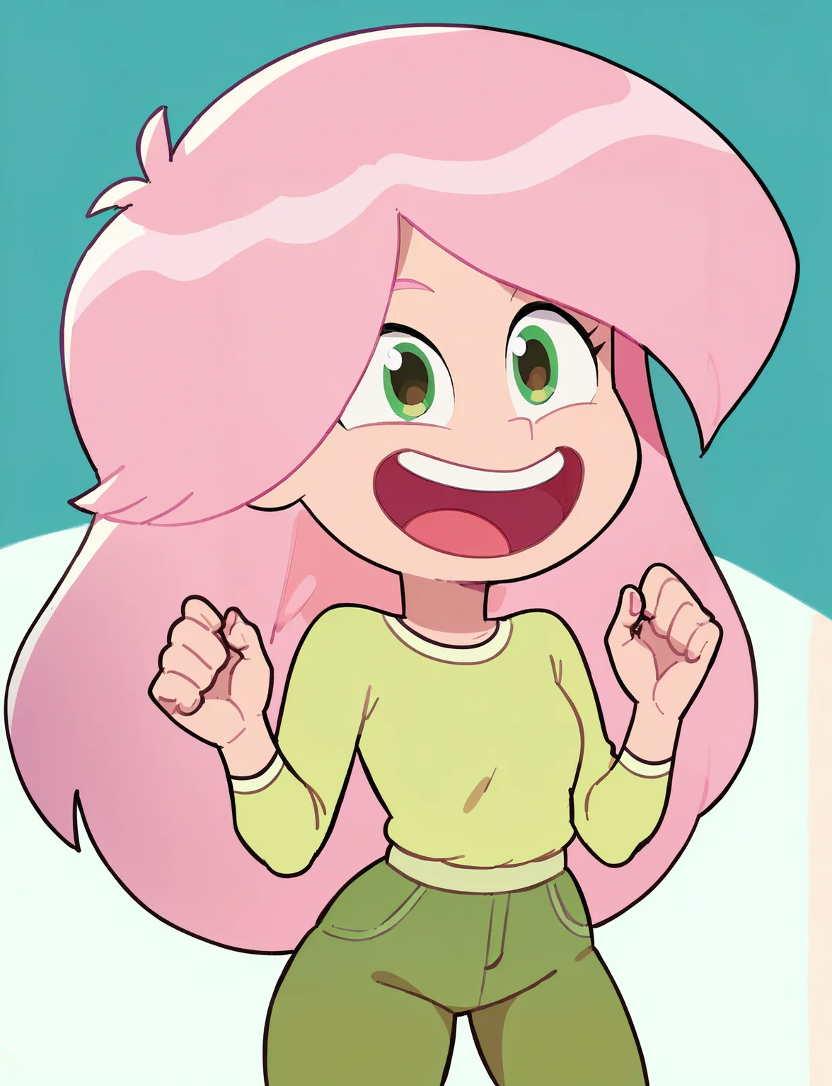 score_9, score_8_up, score_7_up, score_6_up, score_5_up, score_4_up, 1girl, <lora:Ondine_Les_filles_de_dad:1> ondine, pink hair, green shirt, green pants, green eyes, happy, open mouth,
<lora:kabeume_Pony_locon_e20:0.8>