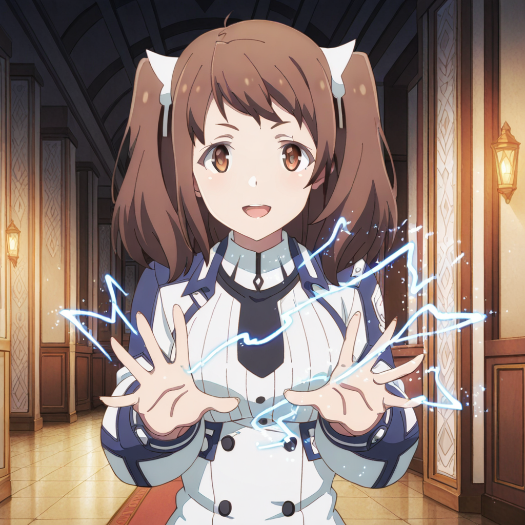 nsfw, masterpiece, best quality, amazing quality,1girl, solo, the_misfit_of_demon_king_academy_misa_ilioroagu, brown eyes, brown hair, twintails, open mouth, looking at viewer, necktie, indoors, smile, anime coloring, raise hands flat, electricity, breasts, street, <lora:Misa_Ilioroagu_-_The_Misfit_of_Demon_King_Academy:0.7>
