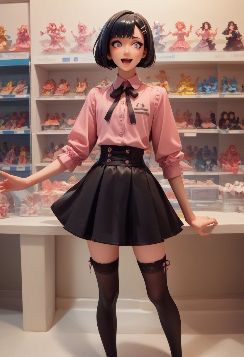 score_9, score_8_up, score_7_up, 1boy, femboy, otoko no ko, short hair, bob cut hair, black hair, grey eyes, gray eyes, feminine face, toned body, Shelly, jirai kei, pink shirt, black skirt, thighhighs, standing, excited, holding figurine, anime figurine, highly detailed, intricate, zzCitronLegacy, akihabara store, anime store, figurines, crowded