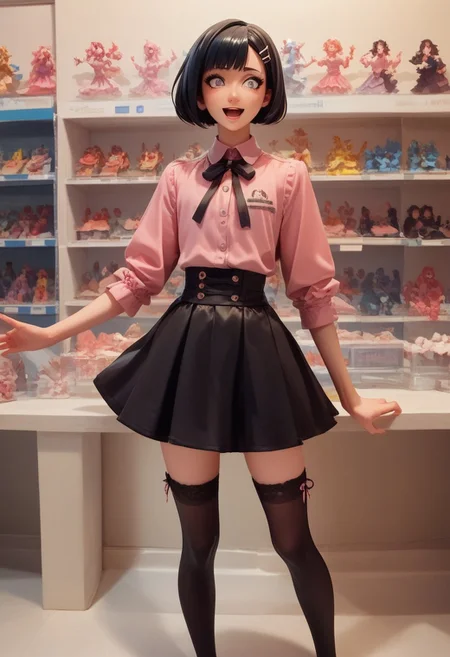score_9, score_8_up, score_7_up, 1boy, femboy, otoko no ko, short hair, bob cut hair, black hair, grey eyes, gray eyes, feminine face, toned body, Shelly, jirai kei, pink shirt, black skirt, thighhighs, standing, excited, holding figurine, anime figurine, highly detailed, intricate, zzCitronLegacy, akihabara store, anime store, figurines, crowded