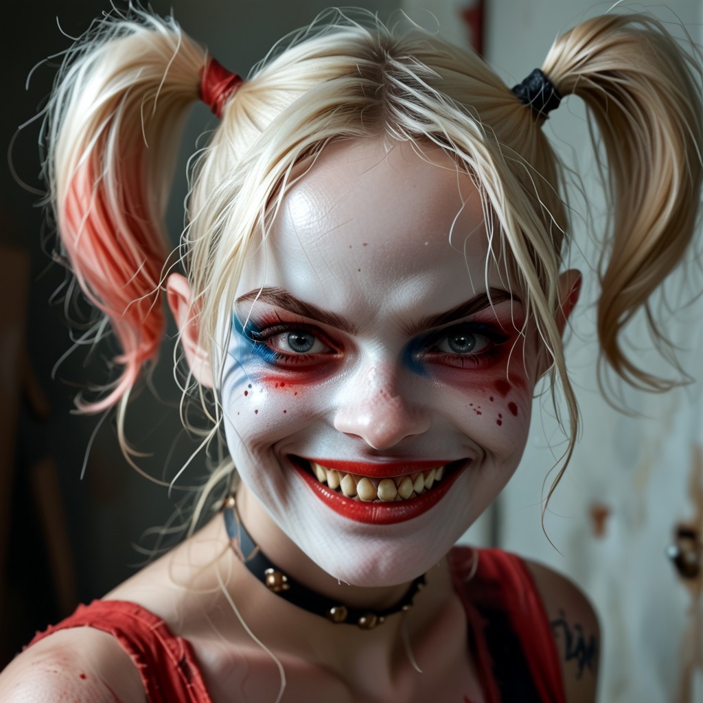 score_9, score_8_up, score_7_up anime Harley Quinn, now the haunting figure of Arkham Asylum, roamed the decaying halls with a sinister grin. Her laughter echoed through the empty corridors, sending shivers down the spines of the few who dared to enter. Armed with a blood-stained mallet and accompanied by a pack of feral hyenas, she hunted the souls of those who wronged her. The walls were covered in cryptic messages and eerie drawings, each one telling the tale of her twisted vendetta. Tonight, Harley was on a mission to lure the spirits of the asylum's past into a deadly game of hide and seek. Her doll-like face was a mask of macabre delight as she whispered to the darkness, 'Ready or not, here I come.'"