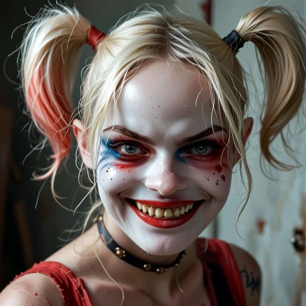 score_9, score_8_up, score_7_up anime Harley Quinn, now the haunting figure of Arkham Asylum, roamed the decaying halls with a sinister grin. Her laughter echoed through the empty corridors, sending shivers down the spines of the few who dared to enter. Armed with a blood-stained mallet and accompanied by a pack of feral hyenas, she hunted the souls of those who wronged her. The walls were covered in cryptic messages and eerie drawings, each one telling the tale of her twisted vendetta. Tonight, Harley was on a mission to lure the spirits of the asylum's past into a deadly game of hide and seek. Her doll-like face was a mask of macabre delight as she whispered to the darkness, 'Ready or not, here I come.'"