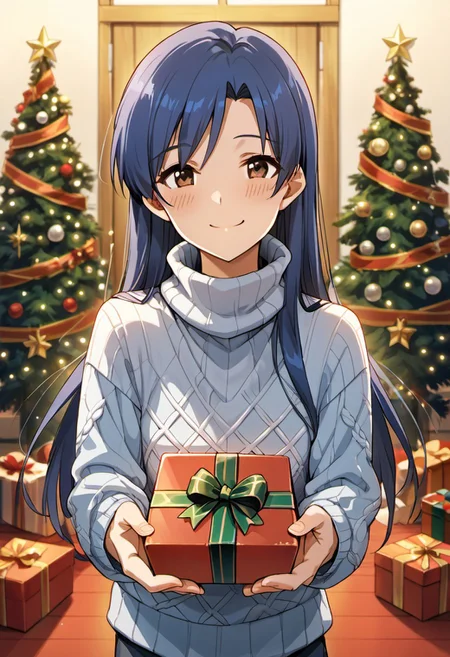 score_9, score_8_up, score_7_up, source_anime,kisaragi chihaya, blue hair, long hair, brown eyes, 1girl, gift, solo, smile, sweater, turtleneck, blush, looking at viewer, gift box, holding gift, holding, box