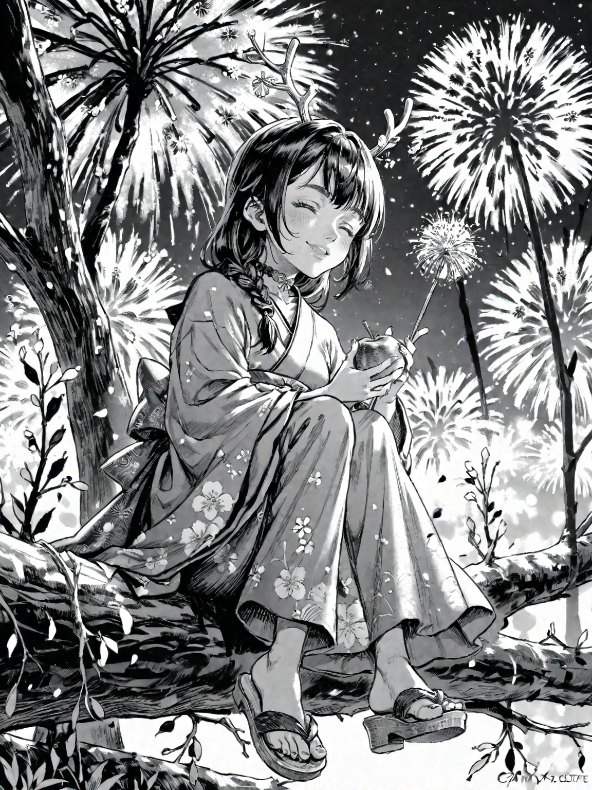 1girl aerial_fireworks antlers black_choker blurry blush braid branch candy_apple choker closed_eyes depth_of_field fireworks floating_hair food geta green_kimono holding holding_food horns japanese_clothes kimono long_hair night profile sandals shoe_dangle sitting sitting_on_branch smile tree virtual_youtuber
, <lora:Berserk:0.8>, score_9, score_8_up, score_7_up, zPDXL3, monochrome, greyscale