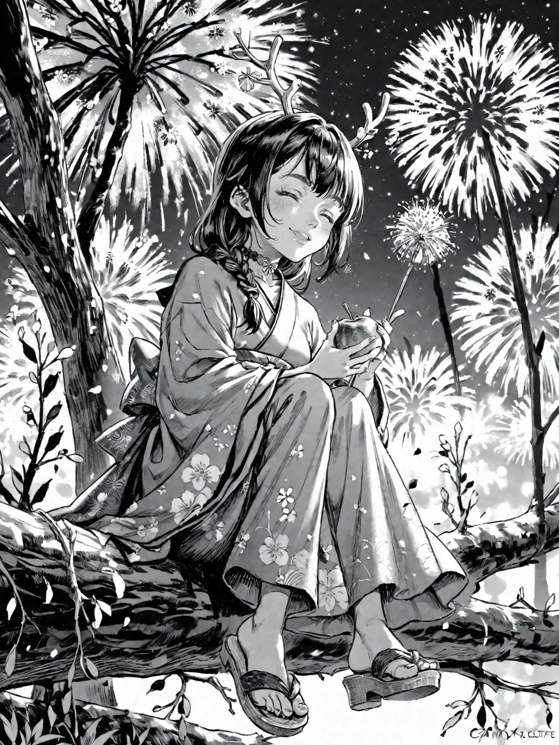 1girl aerial_fireworks antlers black_choker blurry blush braid branch candy_apple choker closed_eyes depth_of_field fireworks floating_hair food geta green_kimono holding holding_food horns japanese_clothes kimono long_hair night profile sandals shoe_dangle sitting sitting_on_branch smile tree virtual_youtuber
, <lora:Berserk:0.8>, score_9, score_8_up, score_7_up, zPDXL3, monochrome, greyscale