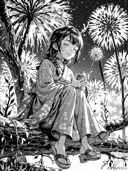 1girl aerial_fireworks antlers black_choker blurry blush braid branch candy_apple choker closed_eyes depth_of_field fireworks floating_hair food geta green_kimono holding holding_food horns japanese_clothes kimono long_hair night profile sandals shoe_dangle sitting sitting_on_branch smile tree virtual_youtuber
, <lora:Berserk:0.8>, score_9, score_8_up, score_7_up, zPDXL3, monochrome, greyscale