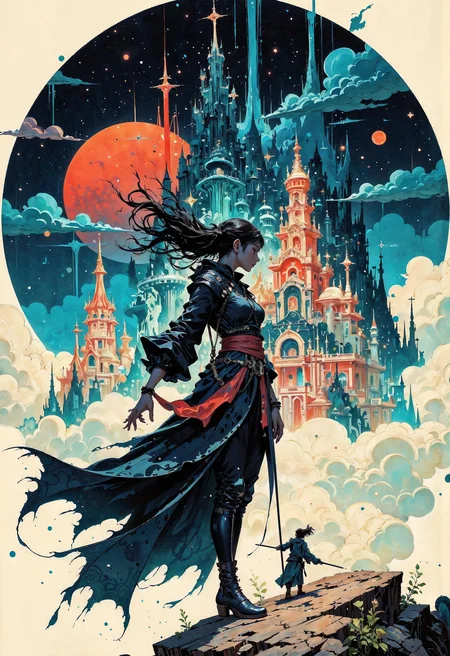 (in Otomo Katsuhiro style:1.2), masterpiece, high-quality, A ghostly painter dressed in flowing ink-stained garments, wielding an oversized brush as though its a weapon, Each stroke she paints on thin air brings to life fragments of a surreal landscape a floating palace a river of stars, mountains growing like crystalsâhovering around her in a swirling vortex of imagination, creation in motion, surreal fragments, floating art, Stylized anime with painterly abstract effects and a sense of fluidity, (elaborate fine details:1.1), (hyperdetailed:1.1), (intricate details:1.0), (Refined details:1.1), (best quality:1.1), (high resolution:1.2), <lora:FLUX\Anime v1.3:0.6> <lora:FLUX\VividlyReal:0.6> <lora:FLUX\FLUX-daubrez-DB4RZ:0.4>