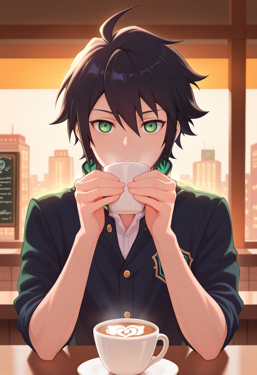 masterpiece, best quality, , semi-realistic, looking at viewer, 1boy, solo, male focus, <lora:yuuichirou_hyakuya_ilxl:0.9>, yuuichirou_hyakuya, black hair, green eyes, short hair, hair between eyes, ahoge, , city café, latte art, bustling baristas, glowing menus, sipping pose, relaxed expression, cozy lighting,