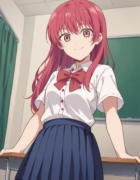 score_9, score_8_up, score_7_up, source_anime, <lora:saki-saki-s2-ponyxl-lora-nochekaiser:1>, saki saki, long hair, bangs, red eyes, red hair,, skirt, shirt, bow, school uniform, white shirt, short sleeves, pleated skirt, bowtie, blue skirt,, indoors, smile, looking at viewer, solo,, cowboy shot, dutch angle