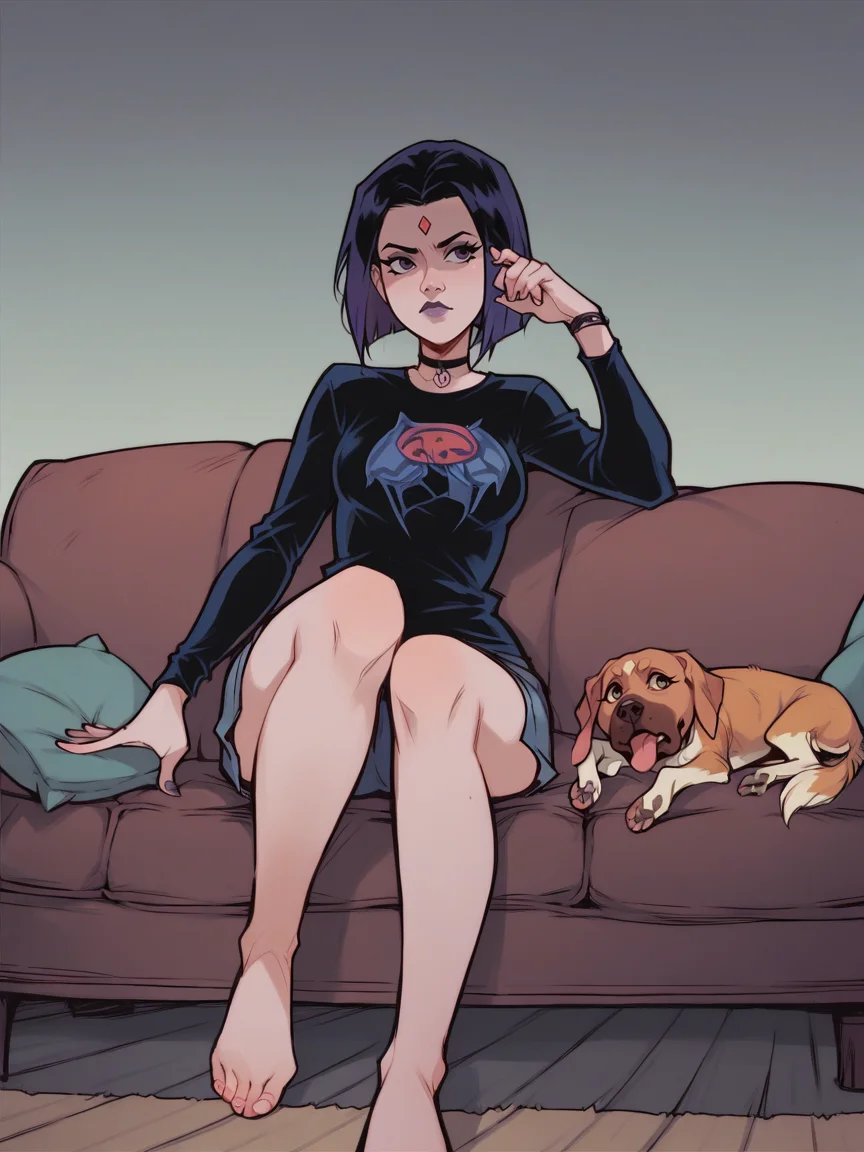 score_9, score_8_up, score_7_up, score_6_up, score_5_up, <lora:p1c0l0XLP:1> p1c0l0, 2girls, Raven, couch, solo, dog