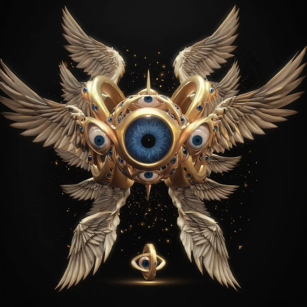 biblicalangellora, gyroscope, many eyes, wings, dark background