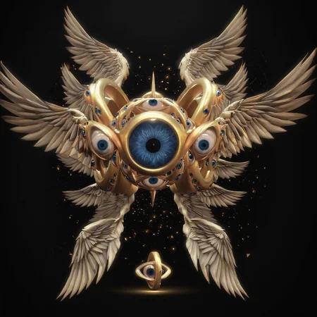biblicalangellora, gyroscope, many eyes, wings, dark background