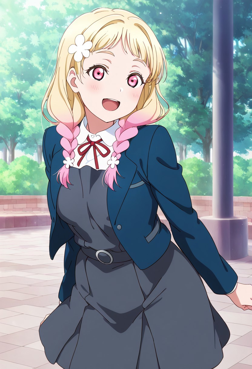 masterpiece, best quality, solo, 1girl, aged up, happy, 
natsumi_onitsuka, long hair, blonde hair, hair ornament, pink hair, braid, flower, multicolored hair, hair flower, pink eyes, twin braids, gradient hair, shirt, dress, ribbon, jacket, white shirt, open clothes, collared shirt, open jacket, red ribbon, neck ribbon, blue jacket, pinafore dress, grey dress, yuigaoka school uniform,, happy, standing,