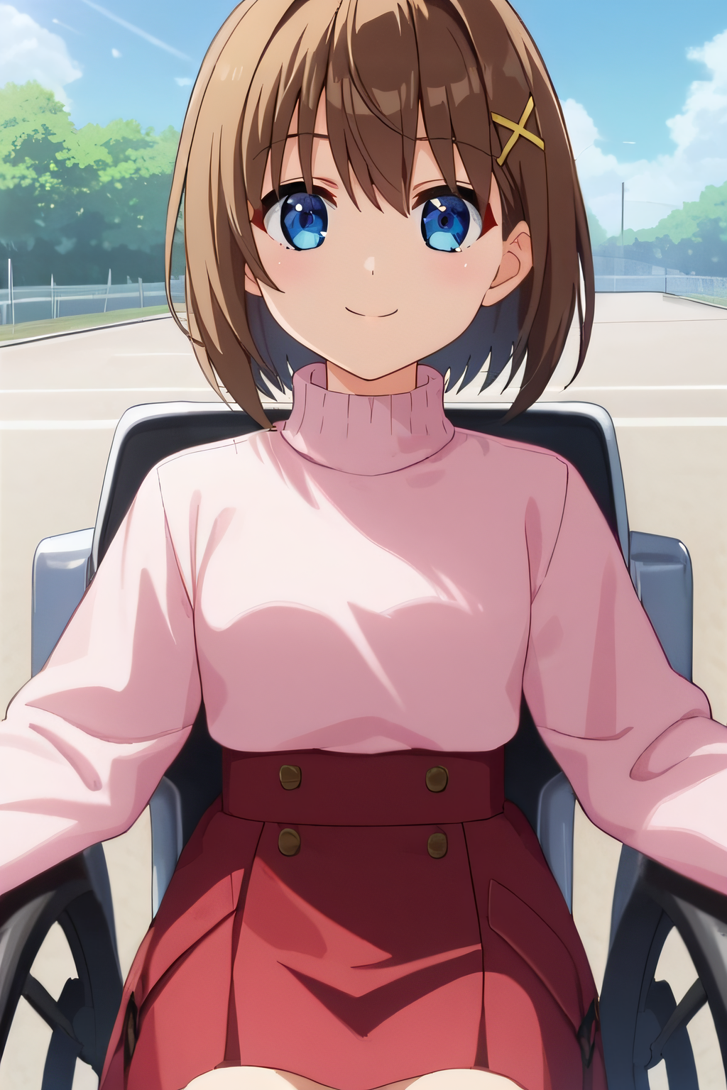 score_9, score_8_up, score_7_up, source_anime, rating_safe, intricate details, anime screencap, official style, 1girl, solo, <lora:Yagami_Hayate:1>, hayate, brown hair, blue eyes, hairclip, x_hair_ornament, pink sweater, turtleneck, long sleeves, red skirt, looking at viewer, smile, outdoor, cowboy shot, sitting, wheelchair