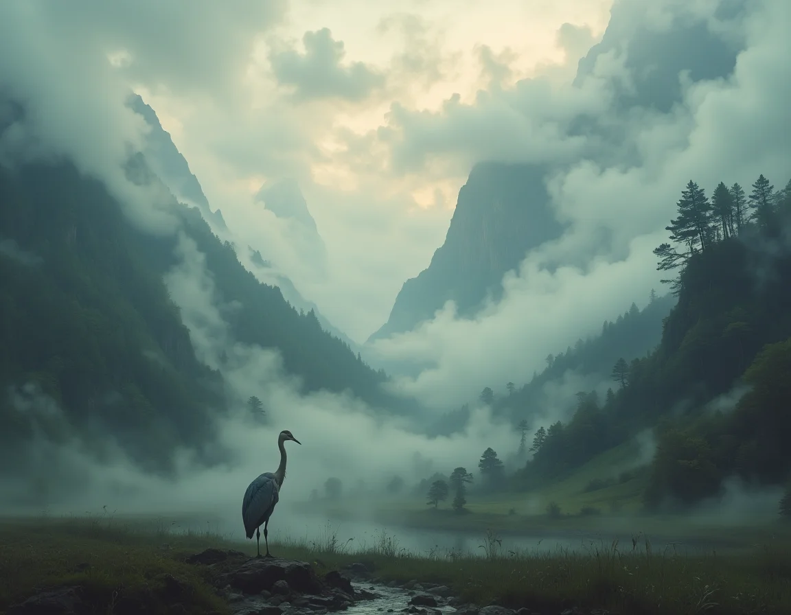 heron in a misty scenery, majestic and epic, distant view