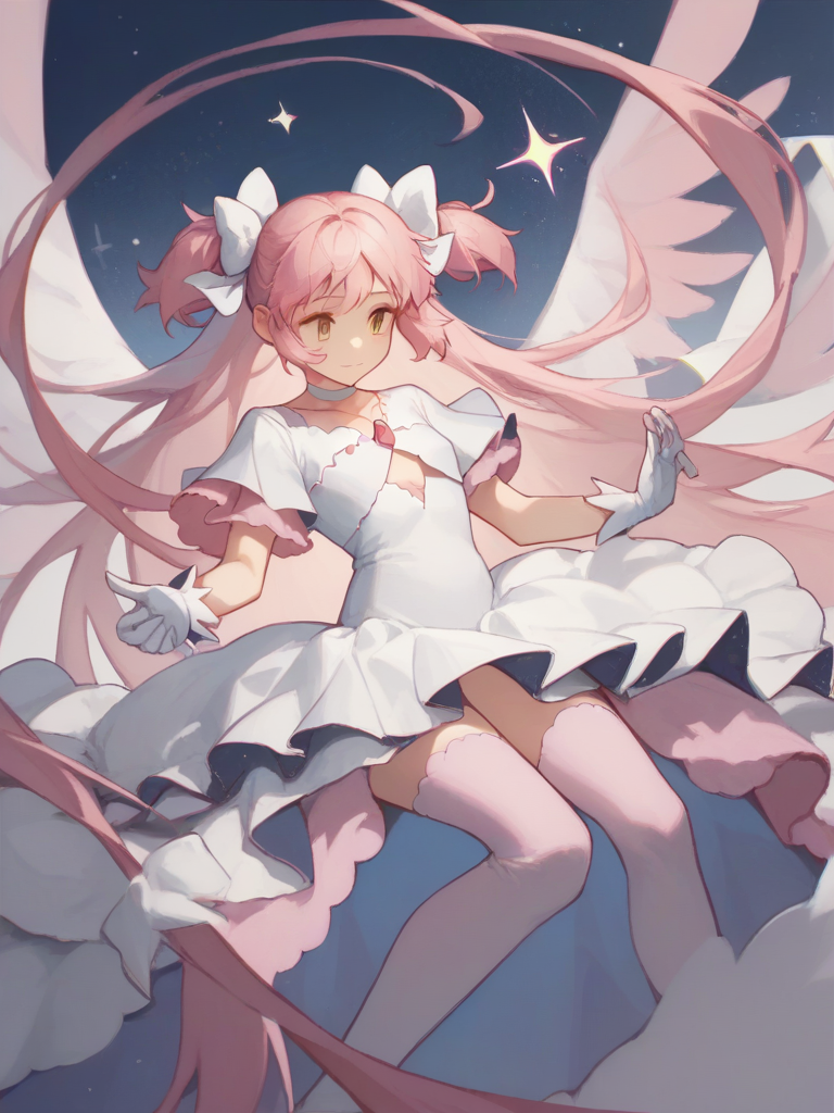score_9,score_8_up,score_7_up,  <lora:ultimate_madoka:1>ï¼ultimate madoka, hair bow, white dress, white bow, pink thighhighs, long dress, pink dress, bubble skirt, white gloves, white choker, dot nose, sparkle, soul gem, starry sky print, star (sky), pink gemstone,