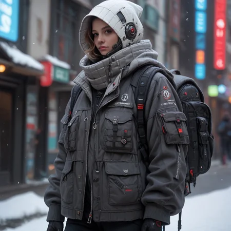 score_9, score_8_up, score_7_up, score_6_up, score_5_up, score_4_up, source_photo, source_real, snow, techwear, solo, gloves, long_sleeves, standing, jacket, pants, hood, bag, blurry, no_humans, blurry_background, backpack, helmet, robot, mecha, 1other, zipper, science_fiction, realistic, humanoid_robot, Vivid Colors, high Contrast,