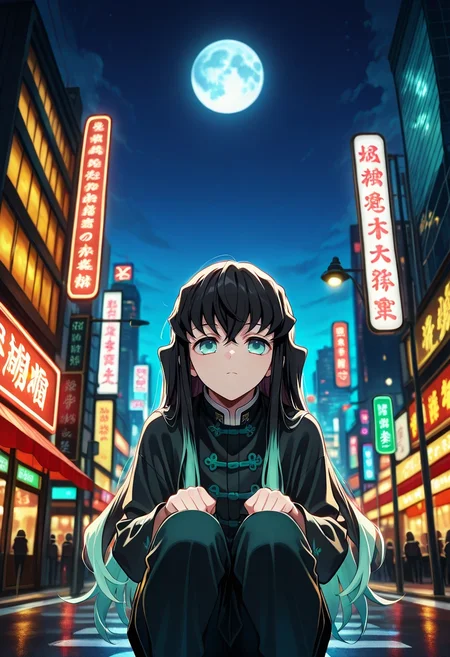 masterpiece, best quality, intricate details, , , depth of field, 1boy, solo, male focus, <lora:muichirou_tokitou_ilxl:0.96>, muichirou_tokitou, black hair, aqua eyes, long hair, bangs, hair between eyes, sidelocks, multicolored hair, two-tone hair, gradient hair, aqua hair, panorama, hong kong \(city\), traffic signals, street lights, neon signs, night, full moon, squatting, expressionless,