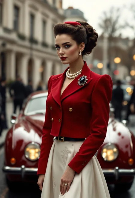 beautiful young Scarlett O'Hara in an elegant luxurious red crop jacket, hair up in a bun, capelina hat, Royal pearls necklace, black ruby diamond broch on the jacket, straight classic white flared skirt with embroidered pattern, elite hotel, standing in front of high heel shoes, burgundy Bugatti car, November, London