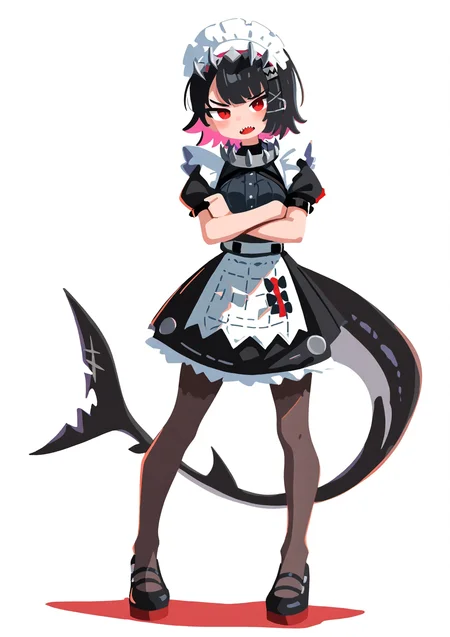 masterpiece, best quality, very aesthetic BREAK no lineart, 1girl, ellen joe, maid, shark tail, sharp teeth, crossed arms, looking at viewer, full body, standing, black hair, pantyhose, red eyes, short sleeves
<lora:noob05-shunsuke-unet only-feb25v4-step00002464:1>