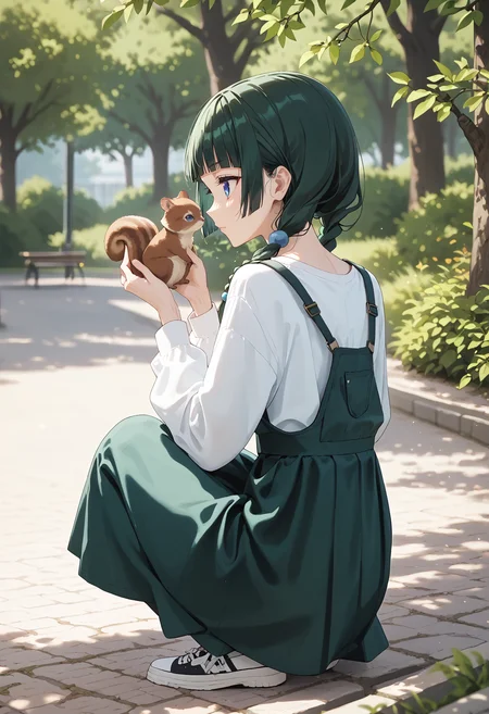 (zPDXL3), score_9, score_8_up, score_7_up,
maomao, 1girl, solo, petite, from behind, back view, squatting, holding squirrel, low braids,
park, tree,
<lora:salopette_pony_V1.0:1> salopette, overall skirt, red top, long sleeves
blue eyes, dark green hair, hair beads, blunt bangs,
<lora:maomao_ponyxl_v1:0.2:1>,<lora:Body Type_alpha1.0_rank4_noxattn_last:1>