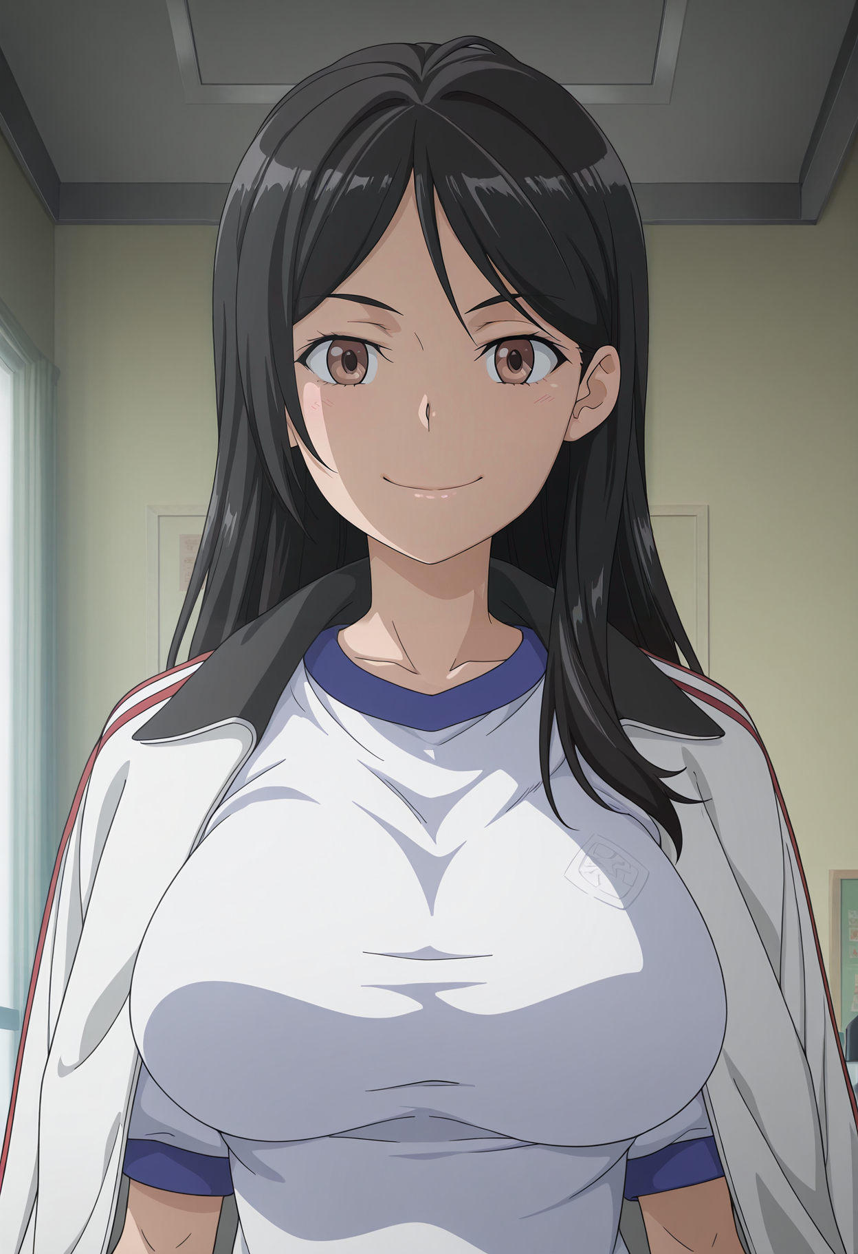 1girl,solo,mm,mature female,black hair,long hair,brown eyes,large breasts,anime coloring,
gym uniform,track jacket,white shirt,jacket on shoulders,upper body, looking at viewer, smile,indoors
,masterpiece,best quality,amazing quality,<lora:Seiri_Fukiyose-Toaru_Majutsu_no_Index_IL:0.8>