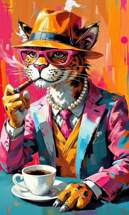 A colorful anthropomorphic leopard in a bright suit, pink sunglasses, an orange hat and a pearl necklace around his neck sits at a table, smoking a cigar and drinking coffee from a cup.<flux.1_lora_ink-dynamic.safetensors:1.2:1.2>