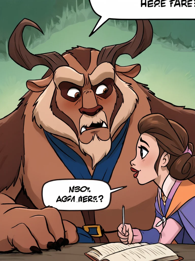 score_9, score_8_up, score_7_up, thebeast, horns, looking at another, speech bubble, makeup, facial hair, meme, mustache, <lora:princesscomic_pony_v1:0.95>