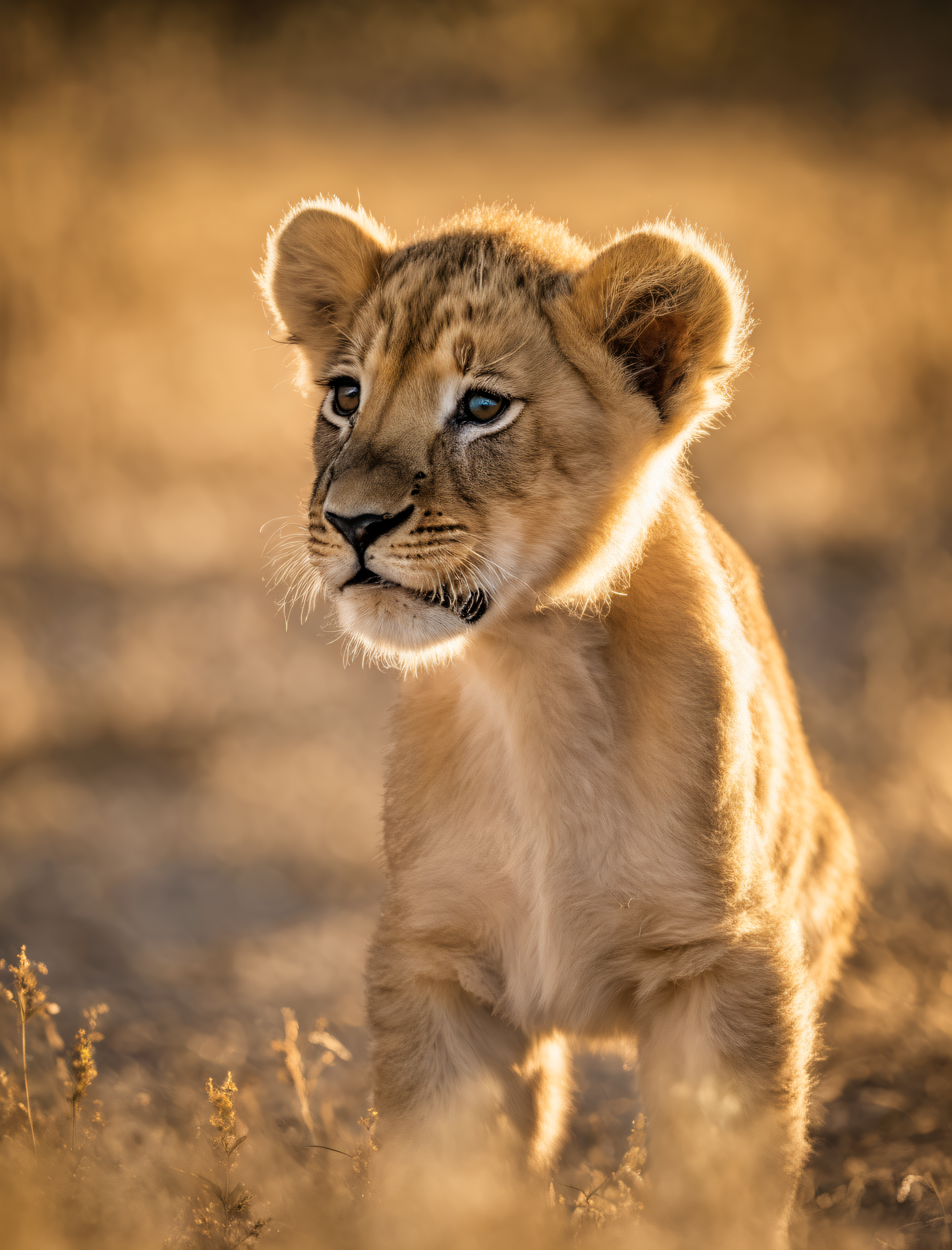 National Geographic award winner photo a cute baby lion, newborn lion, RAW photo, closeup, baby lion, detailed eyes, melancholic eyes, infant lion showing the tong tip, Fuji X-T3, high quality, film photography, golden-hour