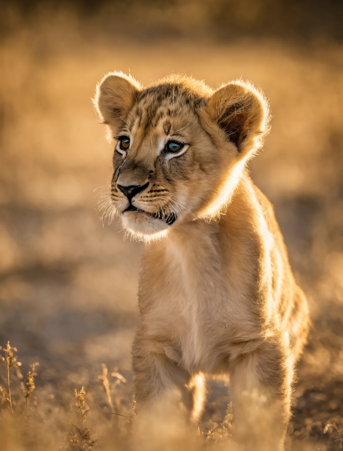 National Geographic award winner photo a cute baby lion, newborn lion, RAW photo, closeup, baby lion, detailed eyes, melancholic eyes, infant lion showing the tong tip, Fuji X-T3, high quality, film photography, golden-hour