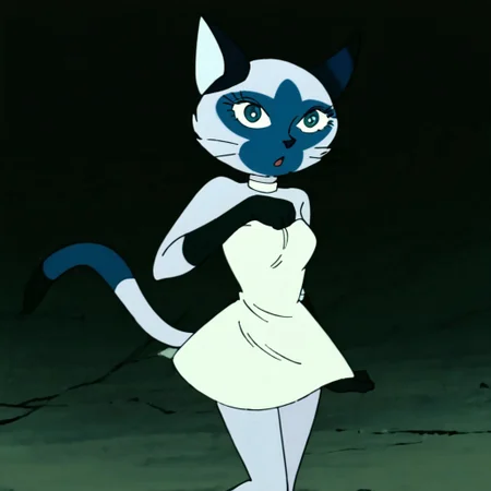 1girl, solo, cat girl, anthro, siamese, tail, shanet, white off-shoulder dress, black forearm, barefoot