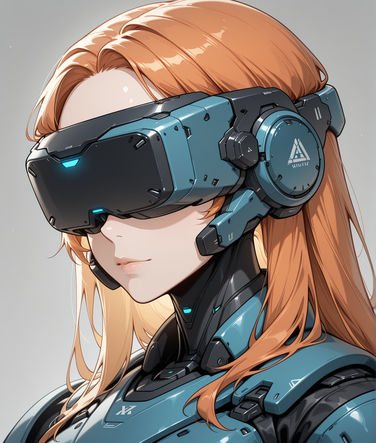 masterpiece,best quality,amazing quality,very aesthetic,absurdres,newest,
BREAK,
, science fiction, , head-mounted display, portrait, lips, long hair, 
solo, ,1girl, upper body, narrow waist, 
 <lora:Anachrotech_Mecha_bits_Illustrious:1> an4chr0t3ch, head-mounted display