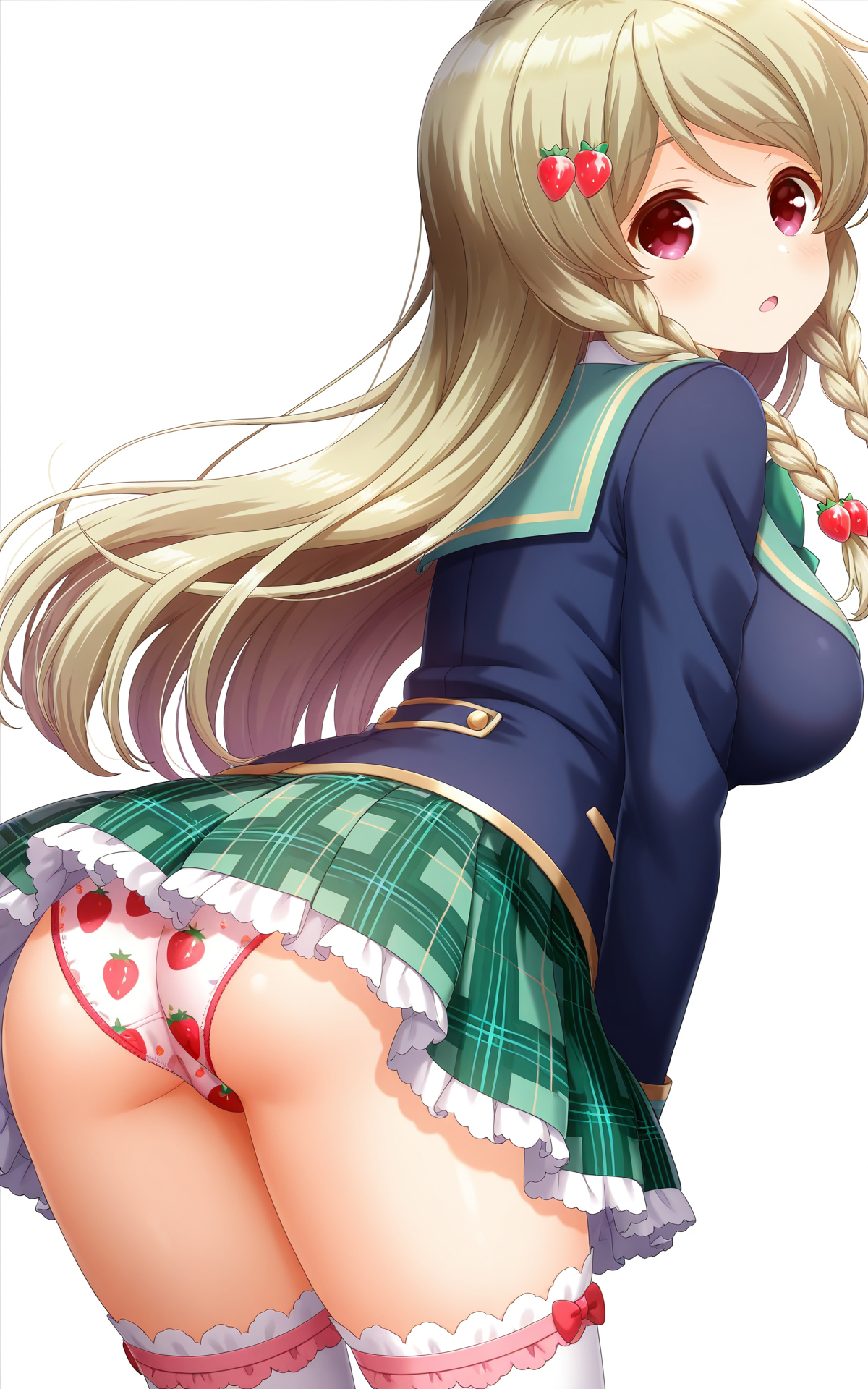 masterpiece,best quality,good quality,newest,4k,perfect lighting,cinematic,very aesthetic,official art,anime screencap,anime coloring,(((white background, simple background))),
1girl,solo,kohinata ichigo,blonde hair,long hair,twin braids,food-themed hair ornament,strawberry hair ornament,purple eyes,large breasts,
seio school uniform,blue jacket,white shirt,collared shirt,green bowtie,green skirt,plaid skirt,frilled skirt,miniskirt,strawberry print panties,white thighhighs,
facing away,standing,leaning forward,looking back,looking at viewer,open mouth,expressionless,from behind,BREAK
 <lora:ILichigo:1>
