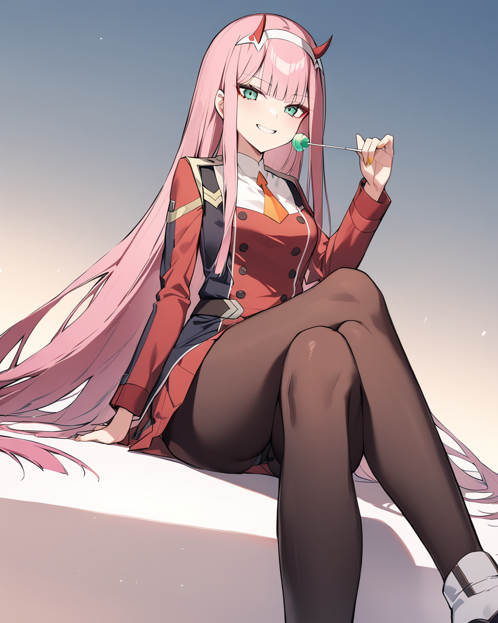 masterpiece, best qualityï¼ <lora:zerotwo:1>,1girl, zero_two_\(darling_in_the_franxx\), long_hair, solo, pink_hair, lollipop, candy, pantyhose, horns, food, green_eyes, hairband, smile, white_hairband, black_pantyhose, crossed_legs, looking_at_viewer, boots, sitting, holding, uniform, holding_candy, white_footwear, necktie, bangs, holding_food, military_uniform, military, short_necktie, holding_lollipop, very_long_hair, invisible_chair, orange_necktie, long_sleeves, grin