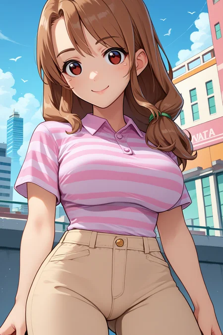 score_9, score_8_up, score_7_up, score_6_up, source_anime, 1girl, solo,  <lora:ftspmom-pdxl-nvwls-v1-000006:1> ftspMm, brown hair, long hair, hair over shoulder, brown eyes, striped shirt, pink shirt, short sleeves, beige pants, looking at you, smile, large breasts, blue sky, clouds, upper body, city