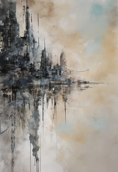 void, left blank, vacant space, ultra fine painting, water wash ink splash, cyberpunk bark mega city, unbalance composition
