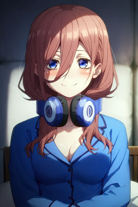 sharp focus, pixiv masterpiece, intricate details, source_anime, score_8_up, score_7_up, score_9, M1kuNakan0_PXL, upper body shot, slightly blushing, pajamas, headphones, looking at viewer, faint smile, <lora:Miku_Nakano_PonyXL_15:1>,