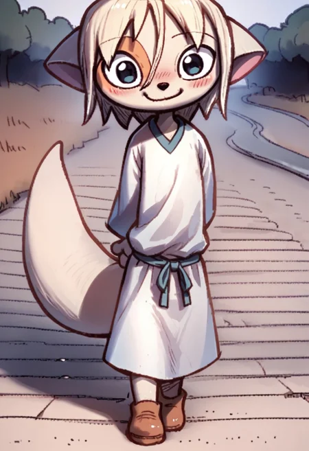 score_9, score_8_up, score_7_up, BREAK source_anime ,
paige,solo,furry,tail,
white dress,blush,happy,smile,closed mouth,standing,looking at viewer,arms behind back,outdoors,rural,road,masterpiece, best quality,very awa, absurdres,child,kid