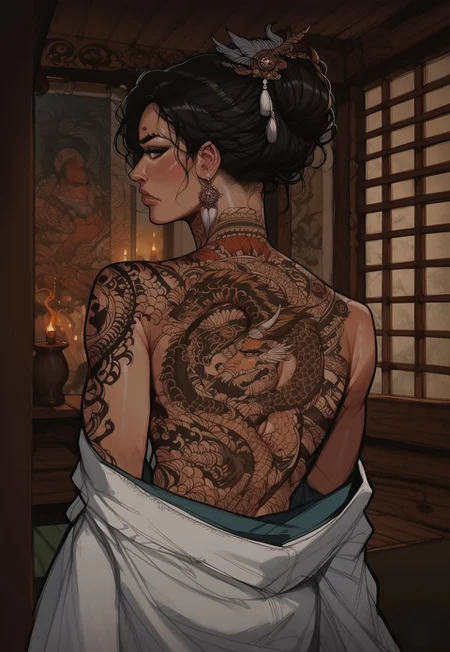 safe_pos, score_9, score_8_up, score_7_up, western cartoon, (((1girl, Asian,cheekbones, attractive woman,bare shoulders,seductive, Long Hair, Fine Hair, black hair, intricate hair style,))), in a Japanese bathhouse, inside, light skin, looking back, back tattoo, tattoo on back, tattoo extended to arms, upper body, hannya tattoo, back tattoo, view from behind, kimono, black and grey tattoo, dragon tattoo on back, dragon tattoo,