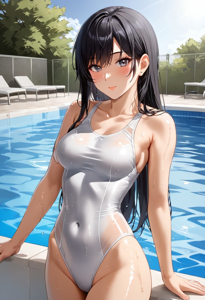 1girl, long black hair, medium breasts, 
one-piece swimsuit,
pool,