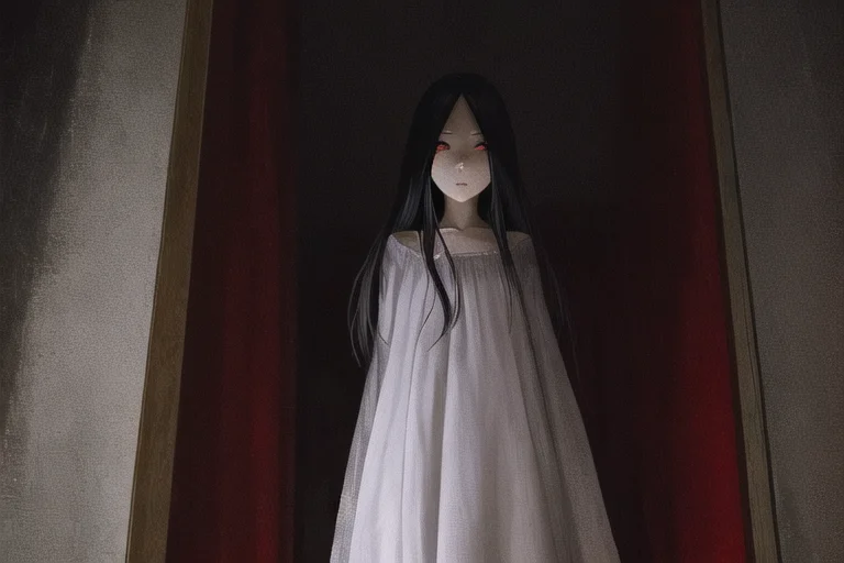 ((masterpiece)),(best quality), absurdres,sadako_yamamura,red eyes, white dress, <lora:death2HorrorLocon_v10:0.7>,horror (theme),dark, 1girl,night, dark, vanishing point,1other,looking at viewer,