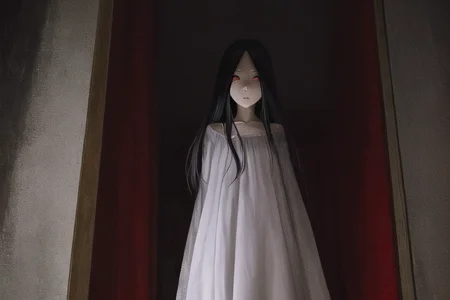 ((masterpiece)),(best quality), absurdres,sadako_yamamura,red eyes, white dress, <lora:death2HorrorLocon_v10:0.7>,horror (theme),dark, 1girl,night, dark, vanishing point,1other,looking at viewer,