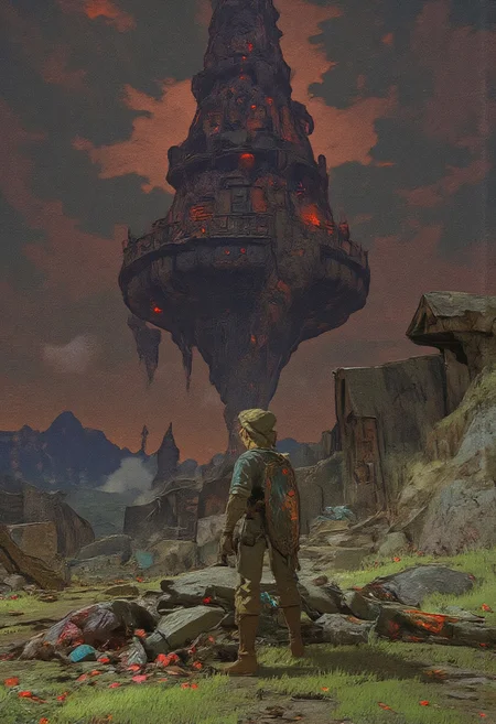 l3nk, link standing in front of a dungeon tower, zdst style, A mystical, epic fantasy landscape featuring a lone male knight (link) in a green tunic and cap and blond hair, he is holding the master sword and has the hylian shield on his back, standing on pile of goblin corpses, gazing at a massive, ancient dark tower floating above the ground. The tower is illuminated by the red glow of the rising moon, casting dramatic shadows and creating a dark, terrifying, ethereal atmosphere. In the background a smoking volcano is on the horizon under a dark ominous sky with harsh beams of fire piercing through. The ground is covered in dead grass, scattered with small evil flowers and fallen leaves dancing in the wind. High detail, cinematic lighting, epic fantasy aesthetic with a magical, serene vibe
, anime, cyberpunk