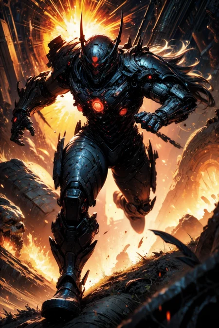 (masterpiece:1.1), (best quality:1.1), (vibrant colors:1.1), BREAK,
(solo.1.4), (old man:1.1), (muscled:1.0), (robot:1.0), (helmet:1.1), (mechanical parts:1.0), (biomechanical:1.0), (cybernetic augmentations:1.0), (horns:1.0), (running:1.1), (dynamic:1.1), BREAK,
(black theme:1.1), (night:1.1), (explosions:1.0), (lasers:1.0), (debris:1.0), BREAK,
(cyberpunk:1.0), (science fiction:1.0), (synthwave:1.0), (biopunk:1.0)