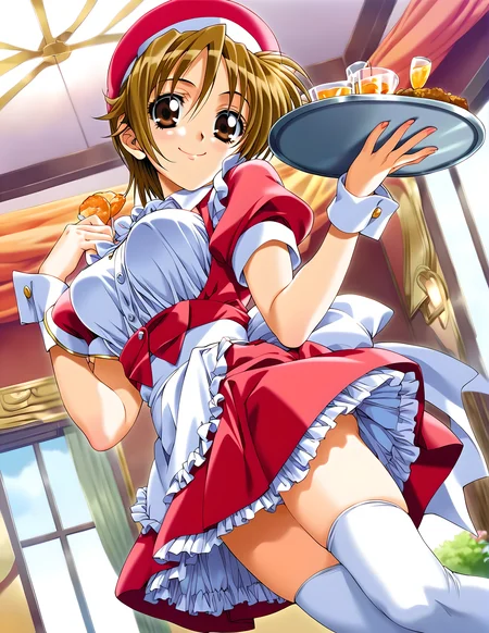 <lora:pony_xl_chihaya:0.8>,chihaya,score_9,score_8_up,score_7_up,source_anime,1girl,waitress,wrist cuffs,skirt,thighhighs,tray,smile,;d,