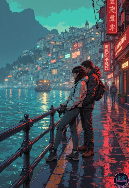 A digital illustration of a young couple leaning against the railing of a sea-side promenade in a cyberpunk town inspired by the Italian coastline of Cinque Terre. Neon signs from nearby cafés and boutiques reflect off the gently lapping water as they share a quiet moment together. The man holds a vintage camera, capturing the vivid colors of the scene, while the woman gazes out at the horizon, her expression thoughtful. The atmosphere is romantic and cinematic, blending the charm of the coastal town with futuristic aesthetics.